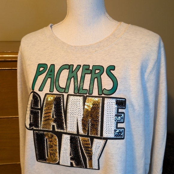 GREEN Bay Packers Repurposed Sequin Game Day Sweatshirt 1X - Picture 3 of 9